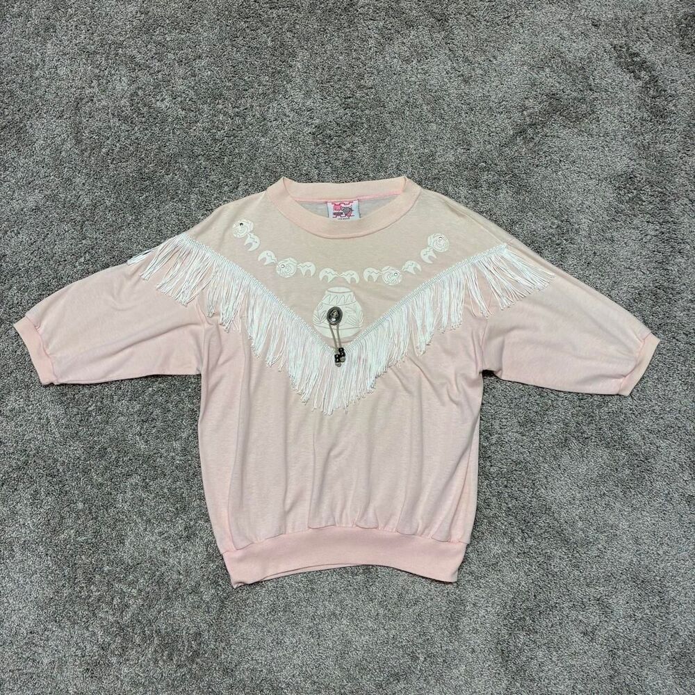 Vintage Hazelwood 80s Short Sleeve Sweatshirt M Pink Fringe Concho Western Rodeo